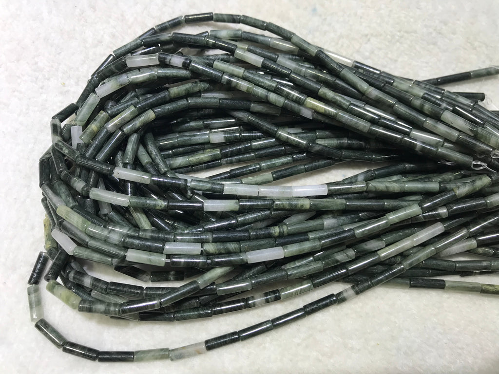 Green Rabbit Hair Jasper 4x13mm Column Gemstone Loose Tube Beads 15 inches